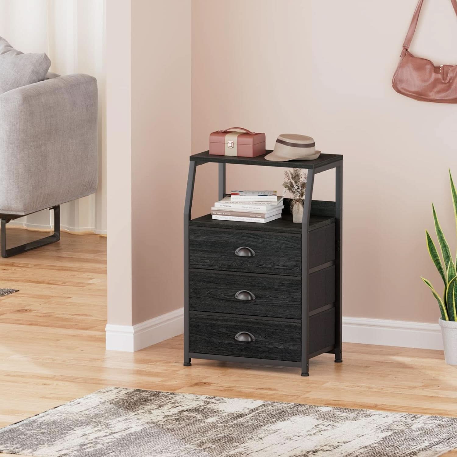 Black Night Stand With 3 Fabric Drawers And 2 Tier Shelf