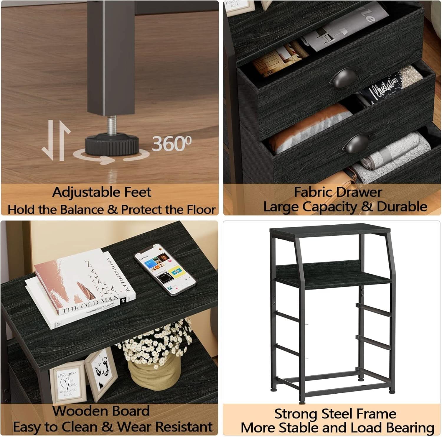 Black Night Stand With 3 Fabric Drawers And 2 Tier Shelf