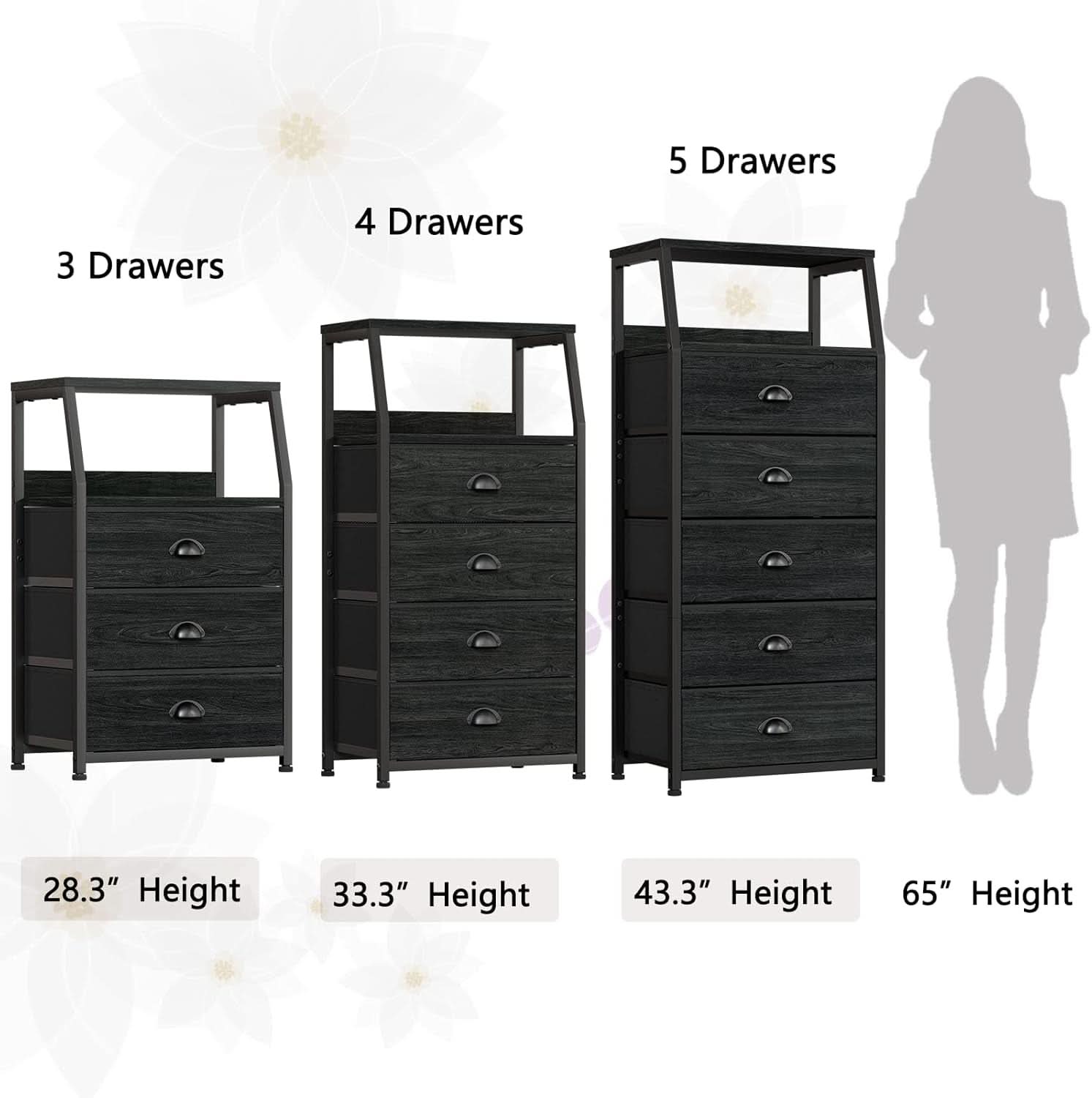 Black Night Stand With 3 Fabric Drawers And 2 Tier Shelf