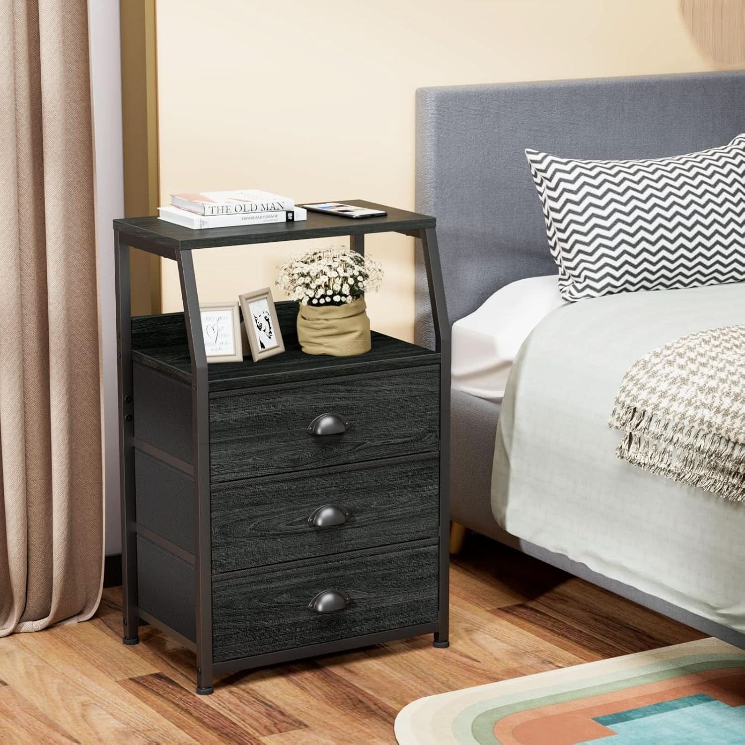 Black Night Stand With 3 Fabric Drawers And 2 Tier Shelf
