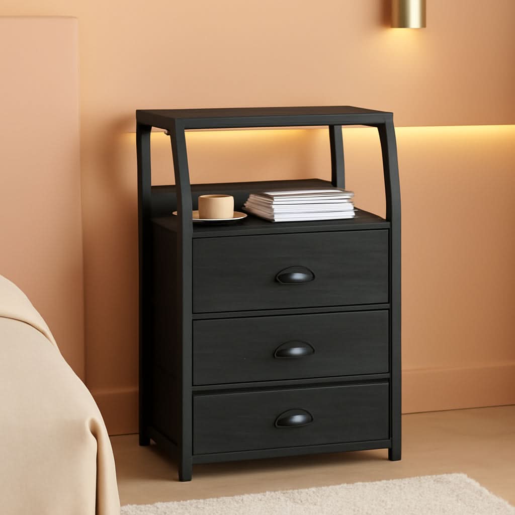 Black Night Stand With 3 Fabric Drawers And 2 Tier Shelf