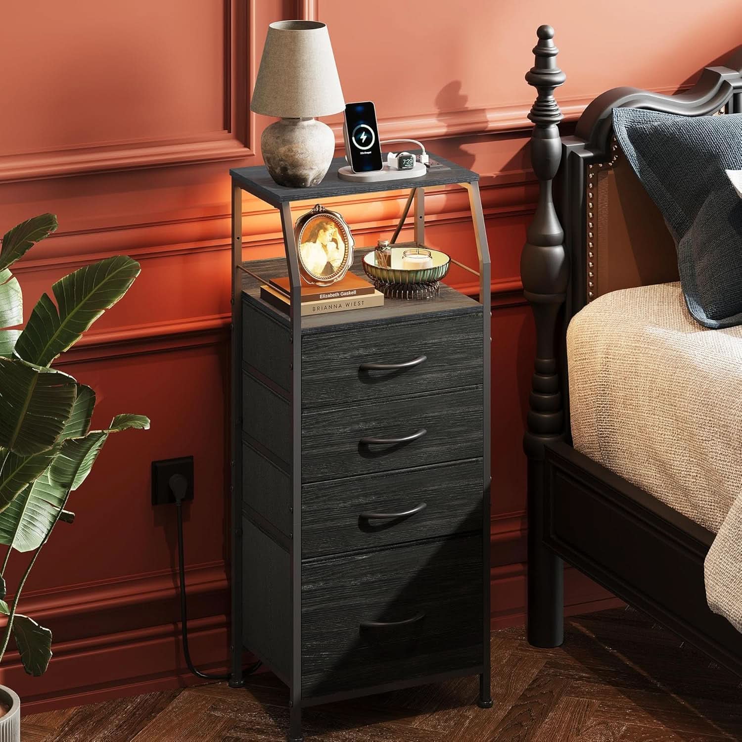 Black Nightstand With Integrated Charging Station RGB LED