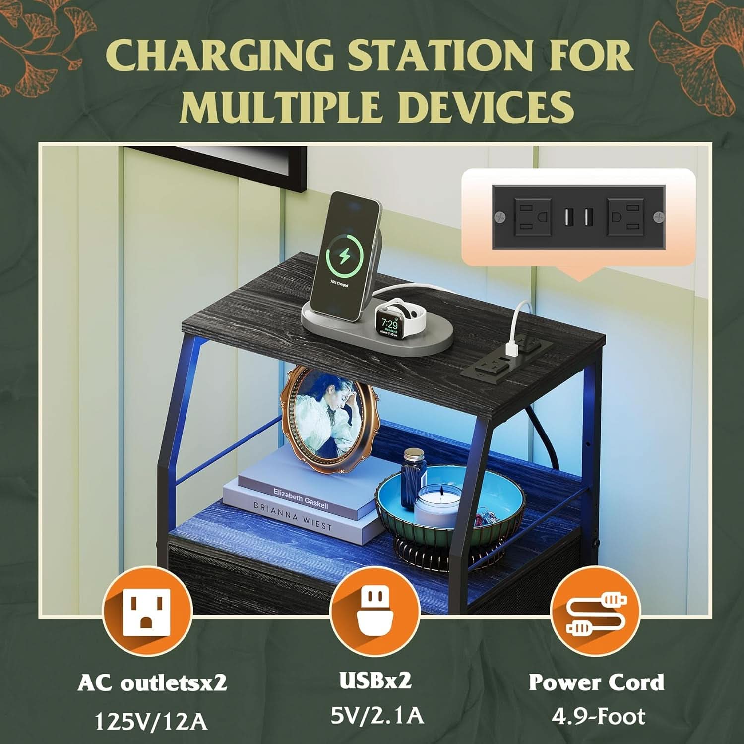 Black Nightstand With Integrated Charging Station RGB LED