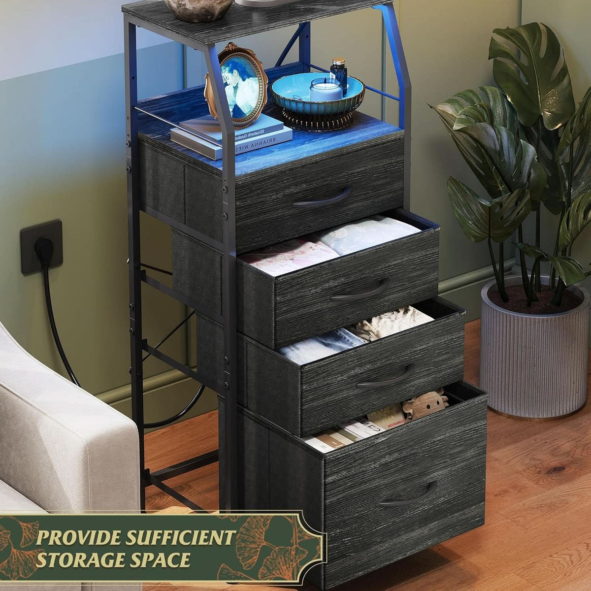 Black Nightstand With Integrated Charging Station RGB LED