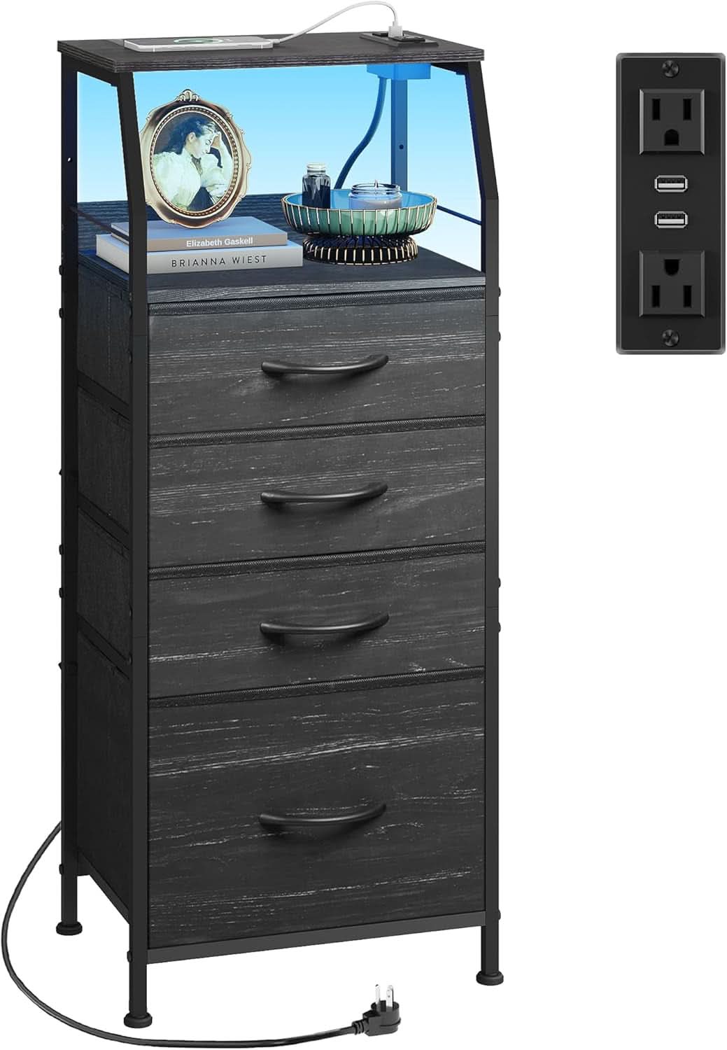 Black Nightstand With Integrated Charging Station RGB LED