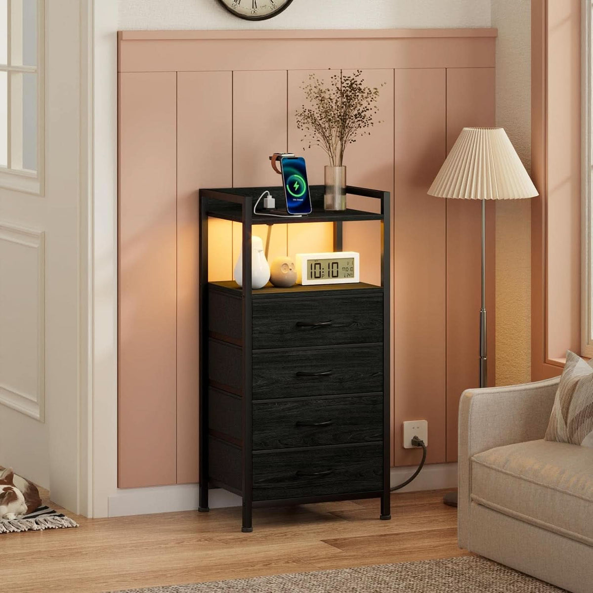 Black Nightstand With LED Lights And Built In Charging