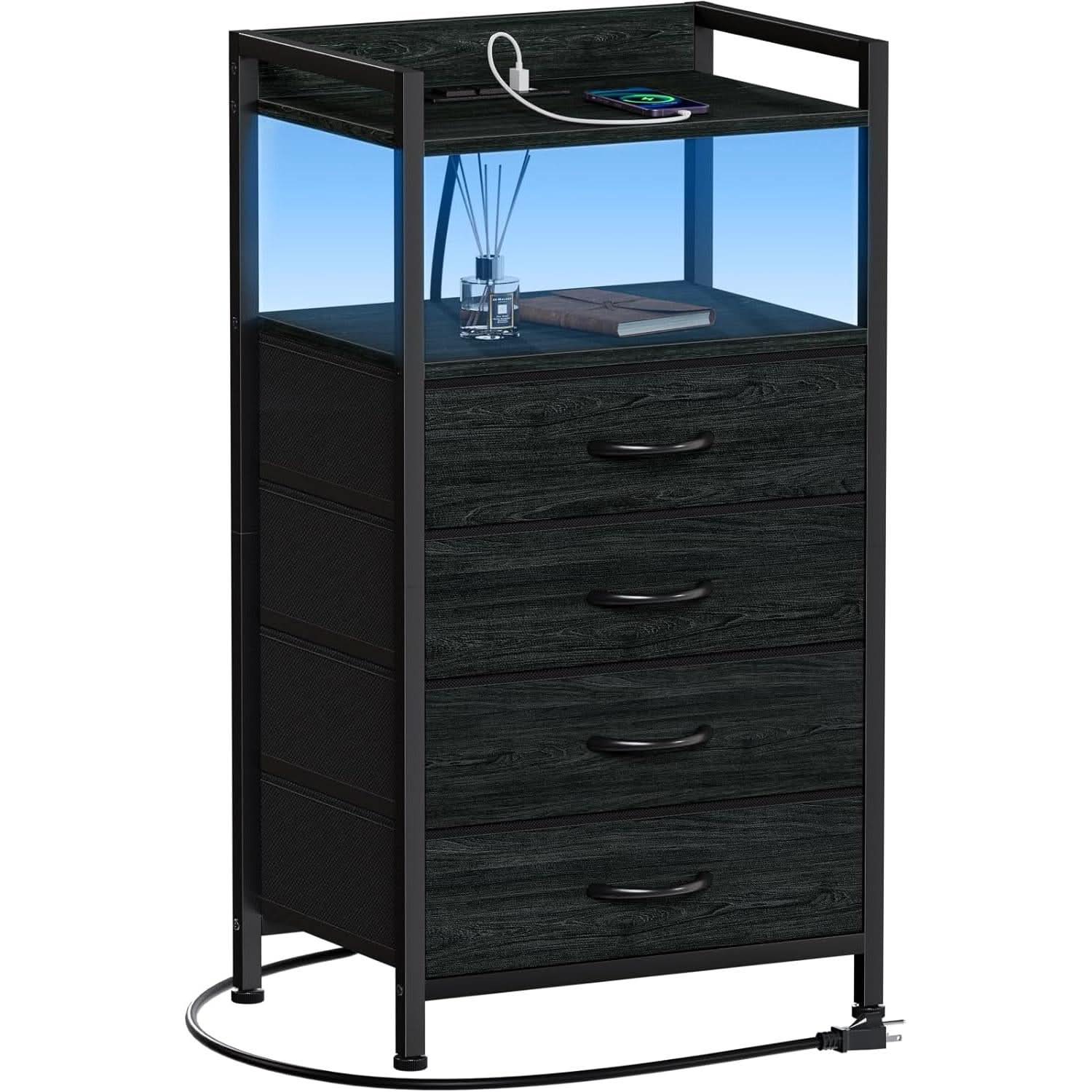 Black Nightstand With LED Lights And Built In Charging