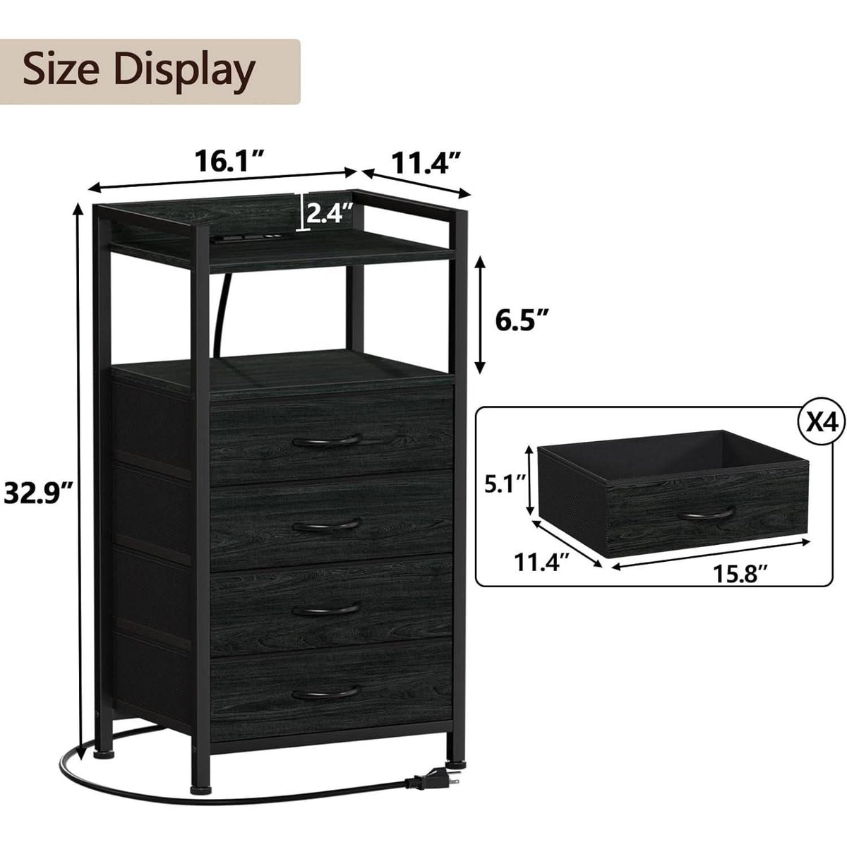 Black Nightstand With LED Lights And Built In Charging
