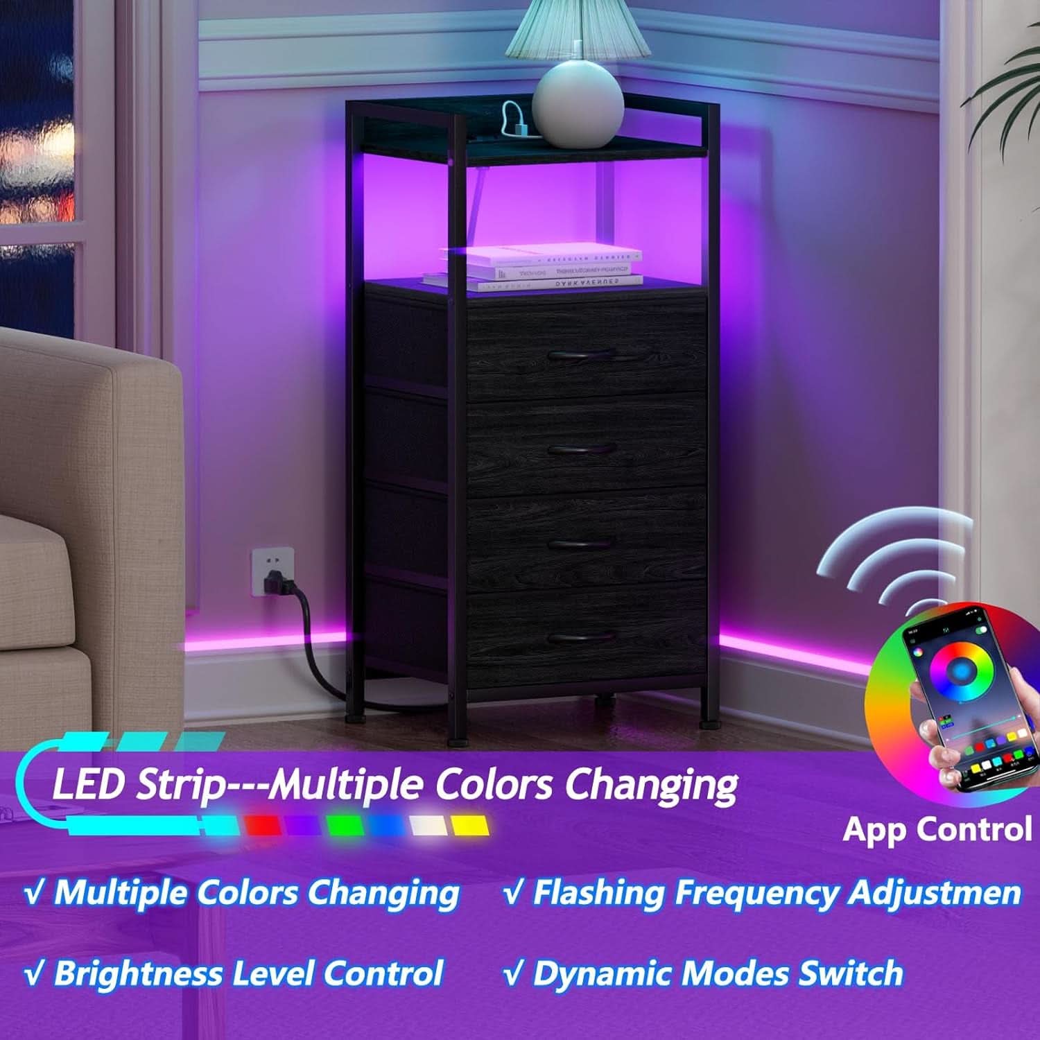 Black Nightstand With LED Lights And Built In Charging