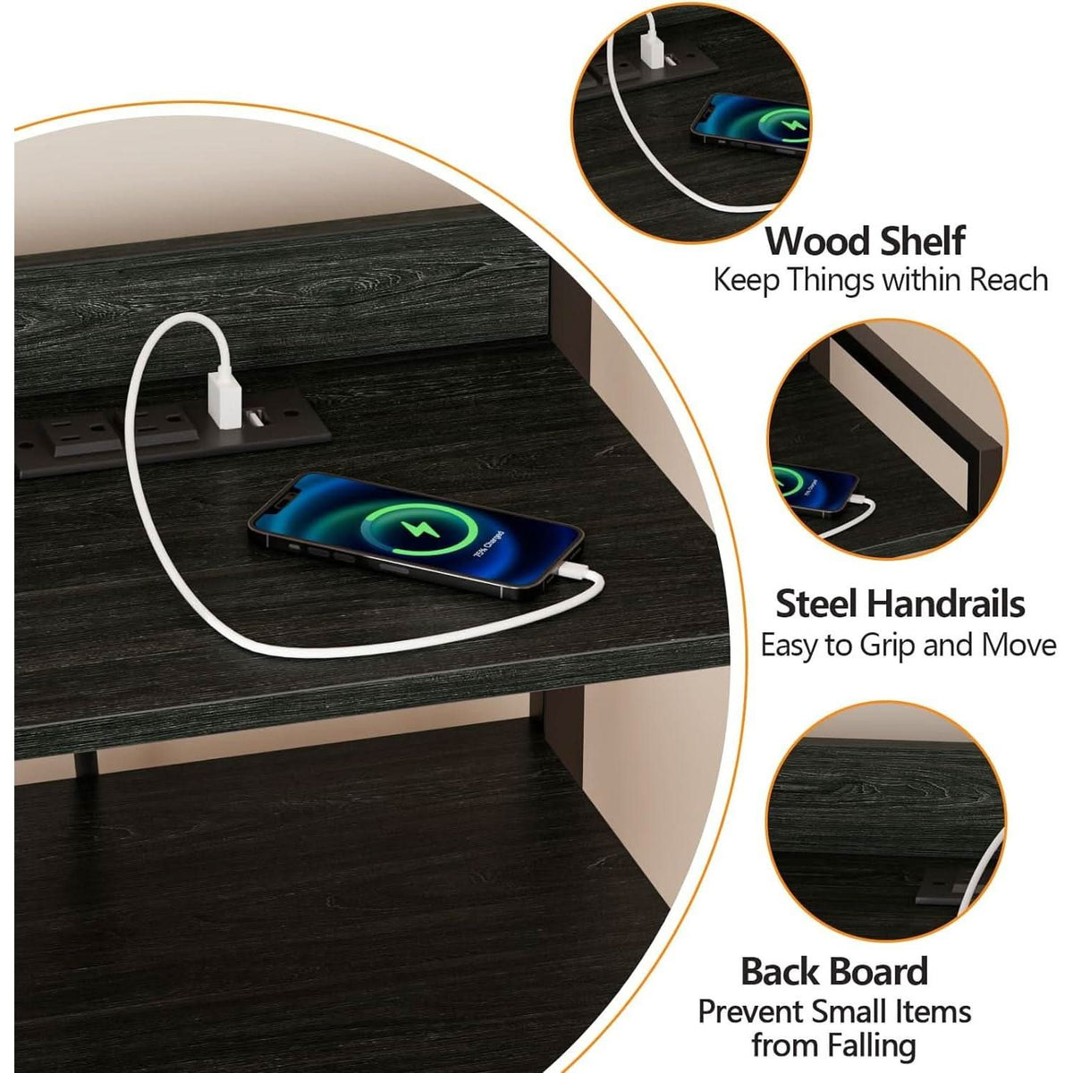 Black Nightstand With LED Lights And Built In Charging