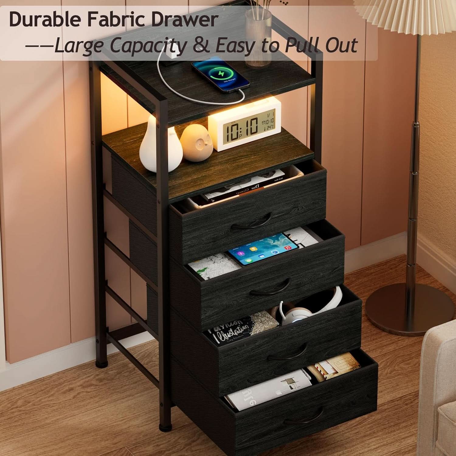 Black Nightstand With LED Lights And Built In Charging