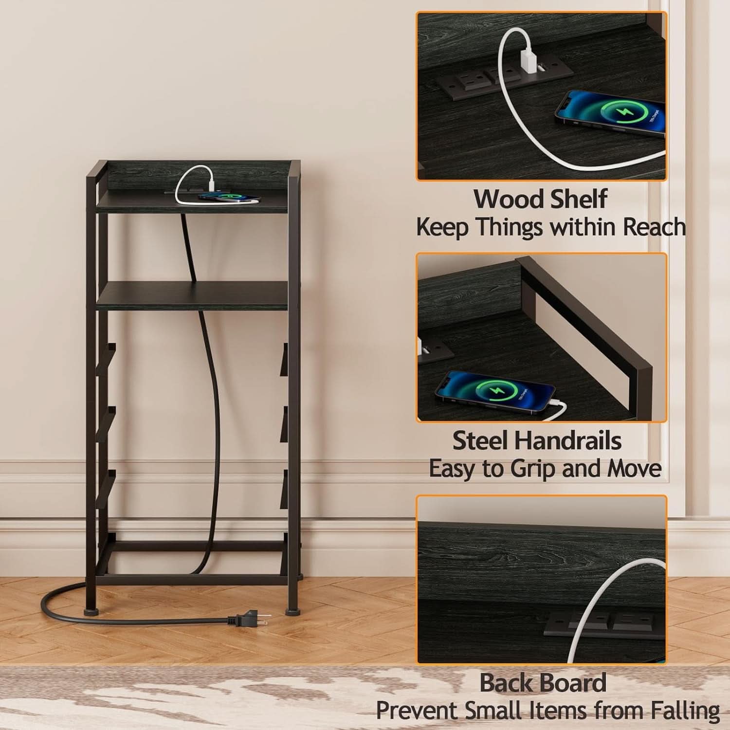 Black Nightstand With LED Lights And Built In Charging