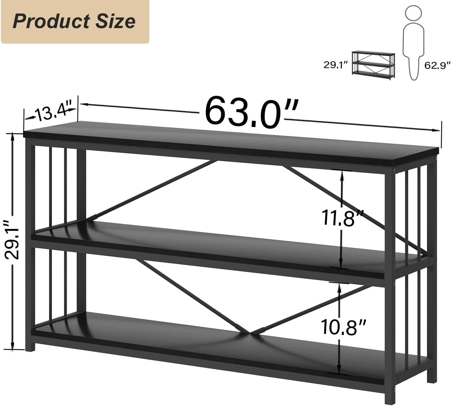 Black Oak 63 Inch Open Bookshelf With Three Shelves