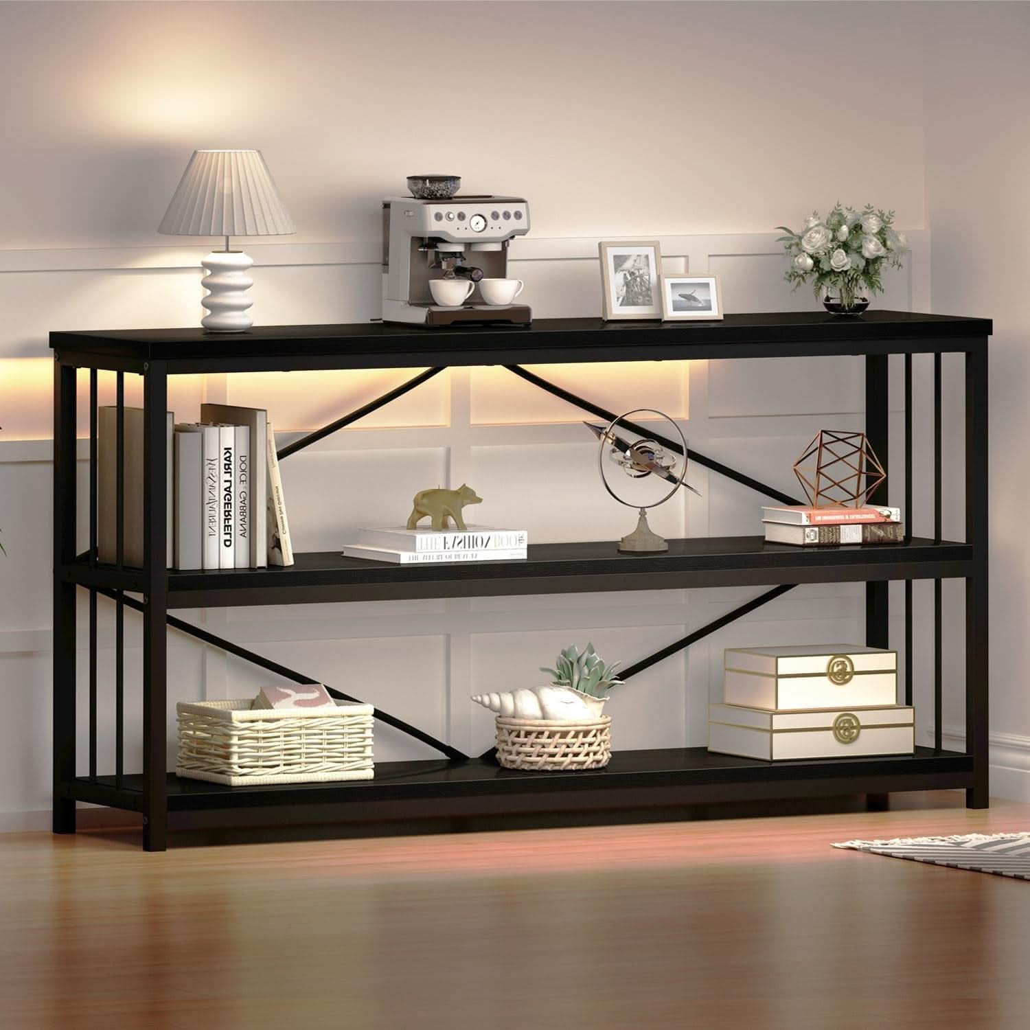 Black Oak 63 Inch Open Bookshelf With Three Shelves