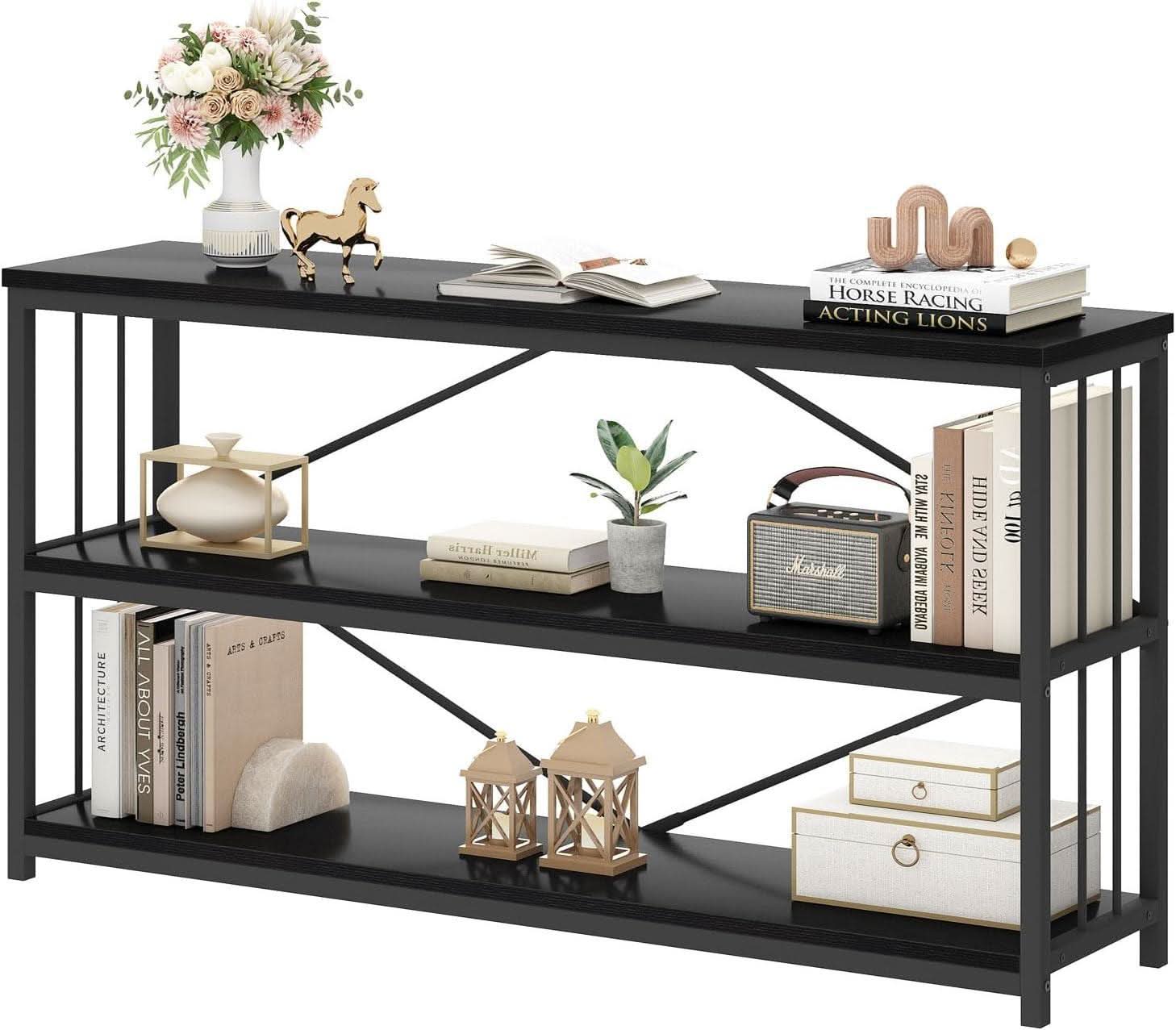 Black Oak 63 Inch Open Bookshelf With Three Shelves