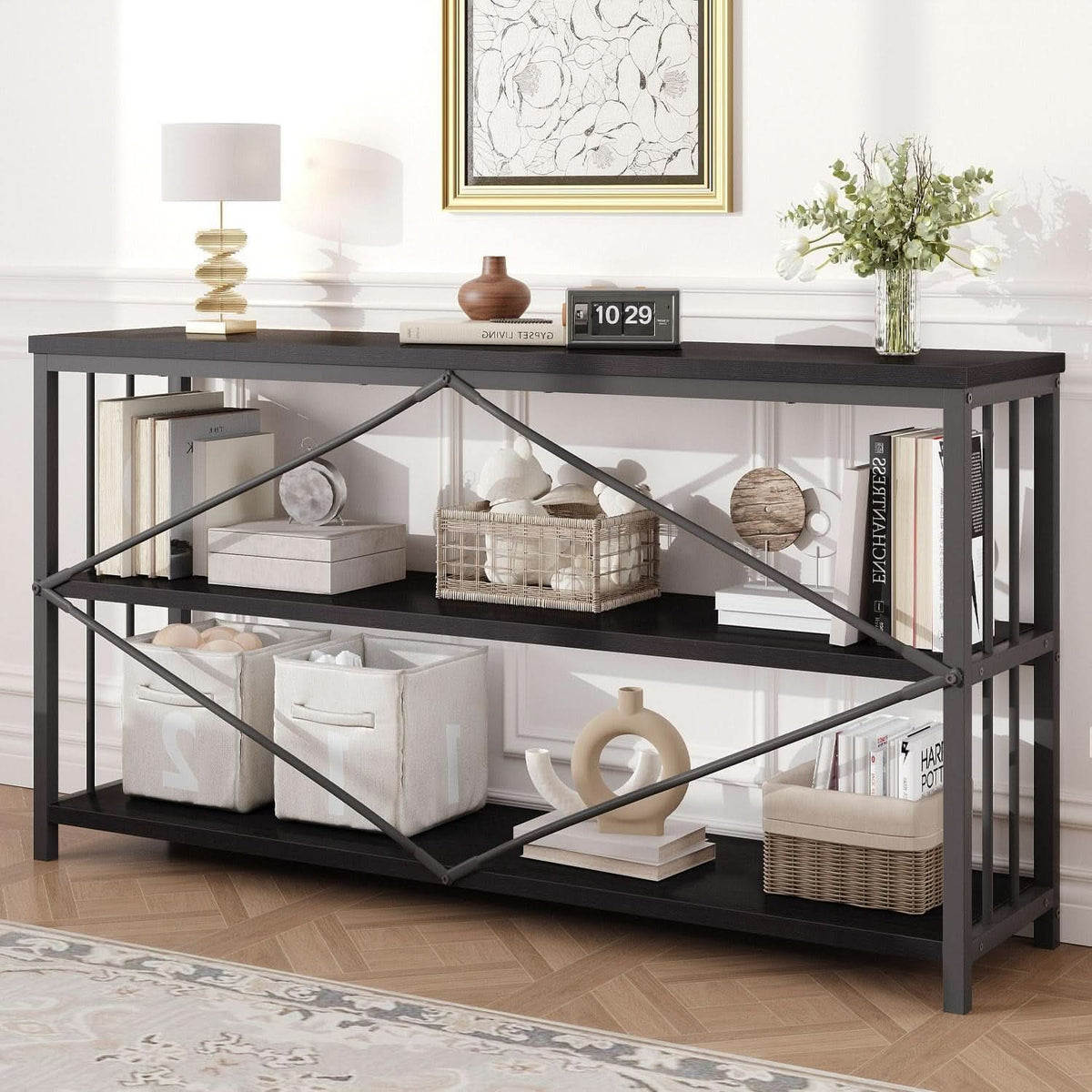 Black Oak 63 Inch Open Bookshelf With Three Shelves
