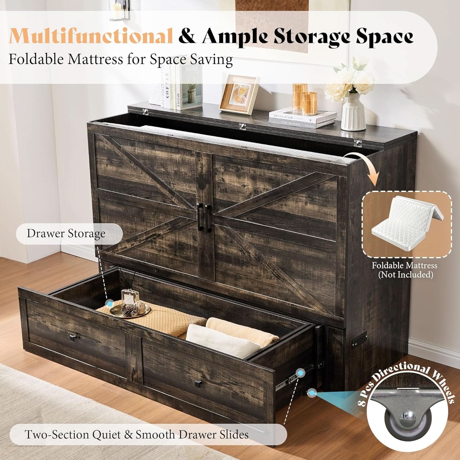 Black Oak Murphy Bed Cabinet With USB Charging Station Queen Size