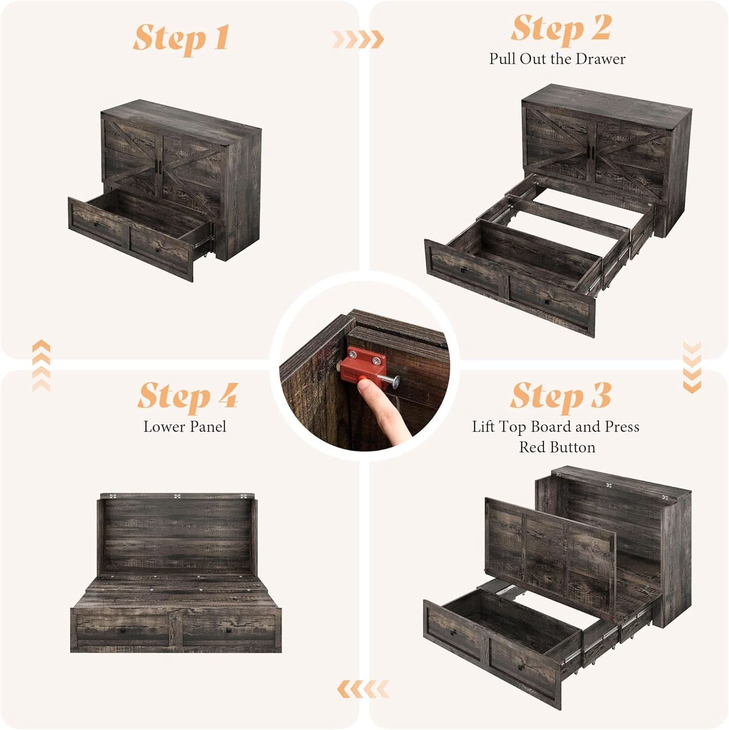 Black Oak Murphy Bed Cabinet With USB Charging Station Queen Size