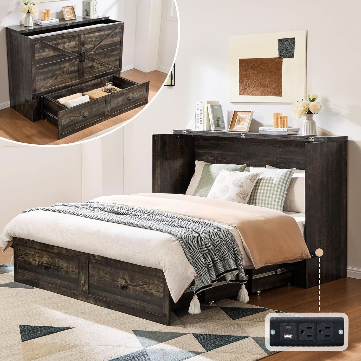Black Oak Murphy Bed Cabinet With USB Charging Station Queen Size