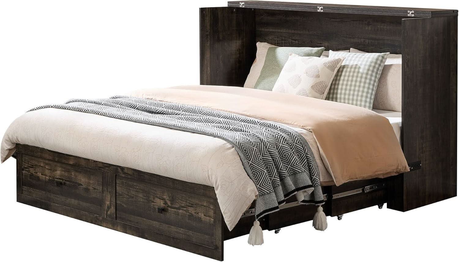 Black Oak Murphy Bed Cabinet With USB Charging Station Queen Size