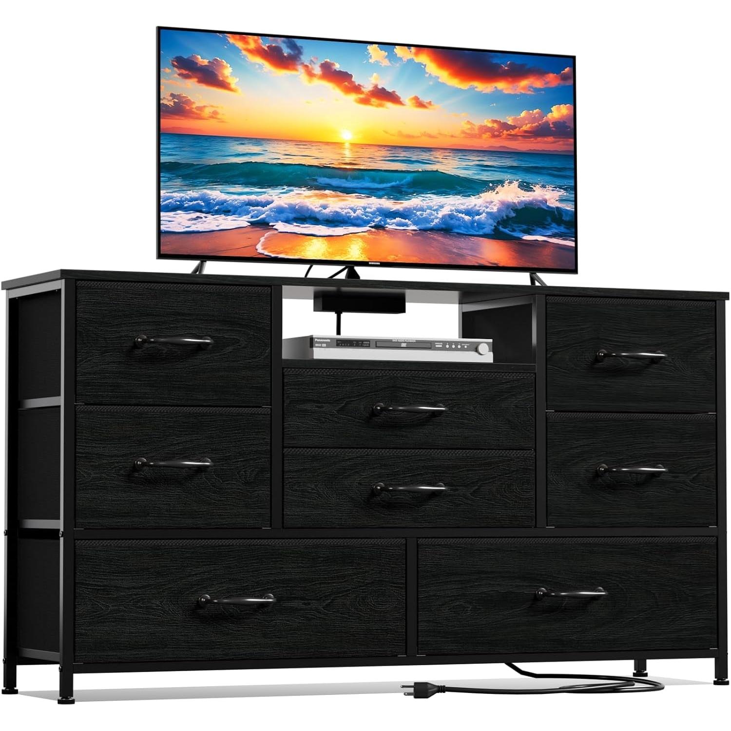 Black Oak TV Dresser With 8 Drawers And Power Outlet