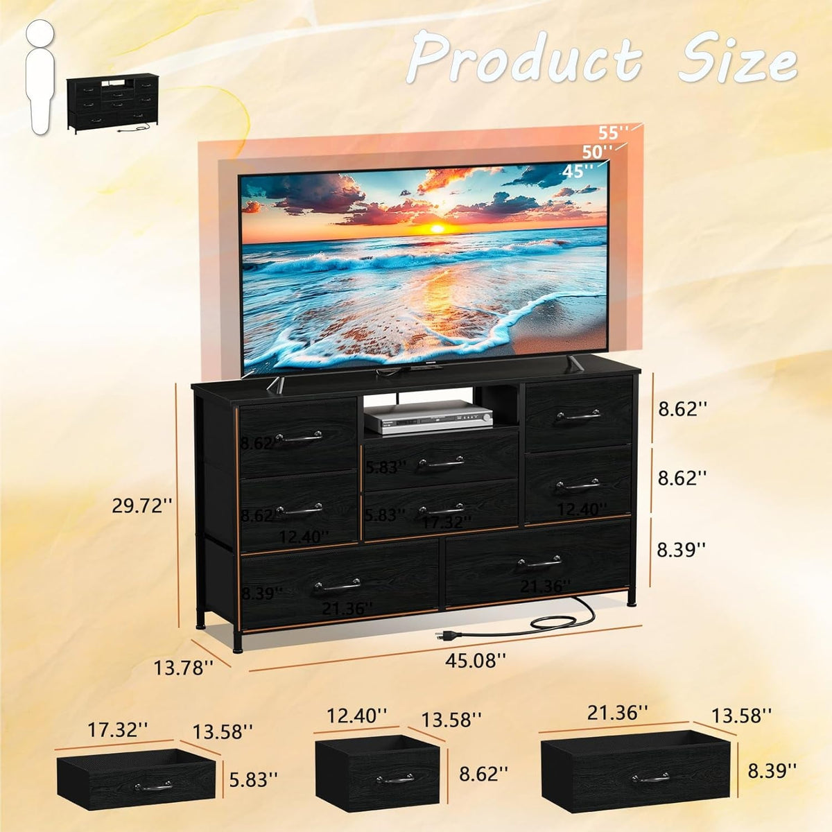 Black Oak TV Dresser With 8 Drawers And Power Outlet