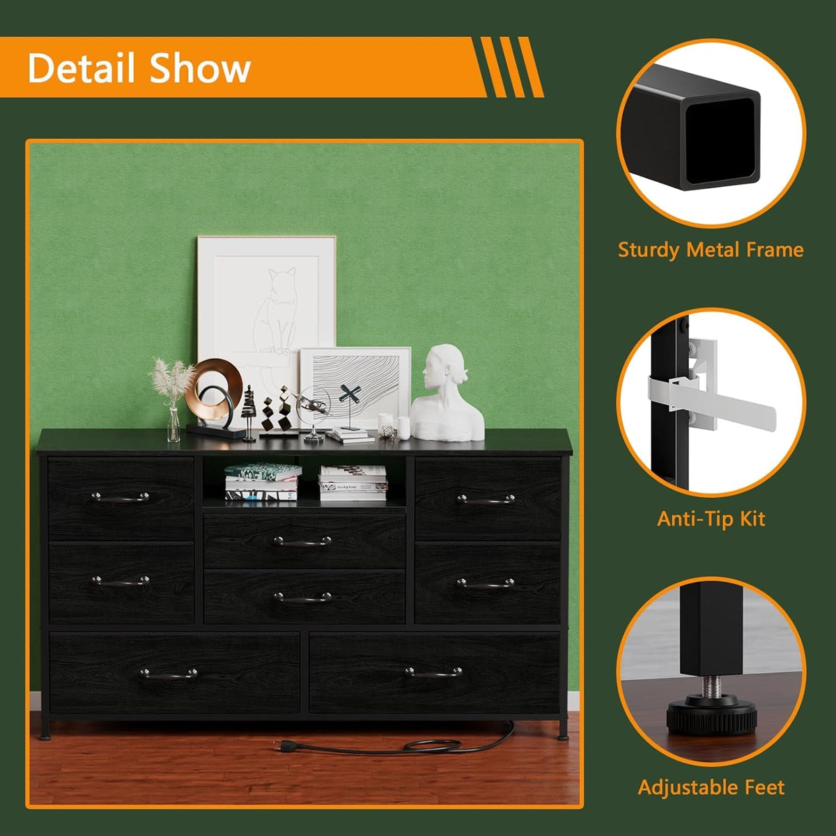 Black Oak TV Dresser With 8 Drawers And Power Outlet