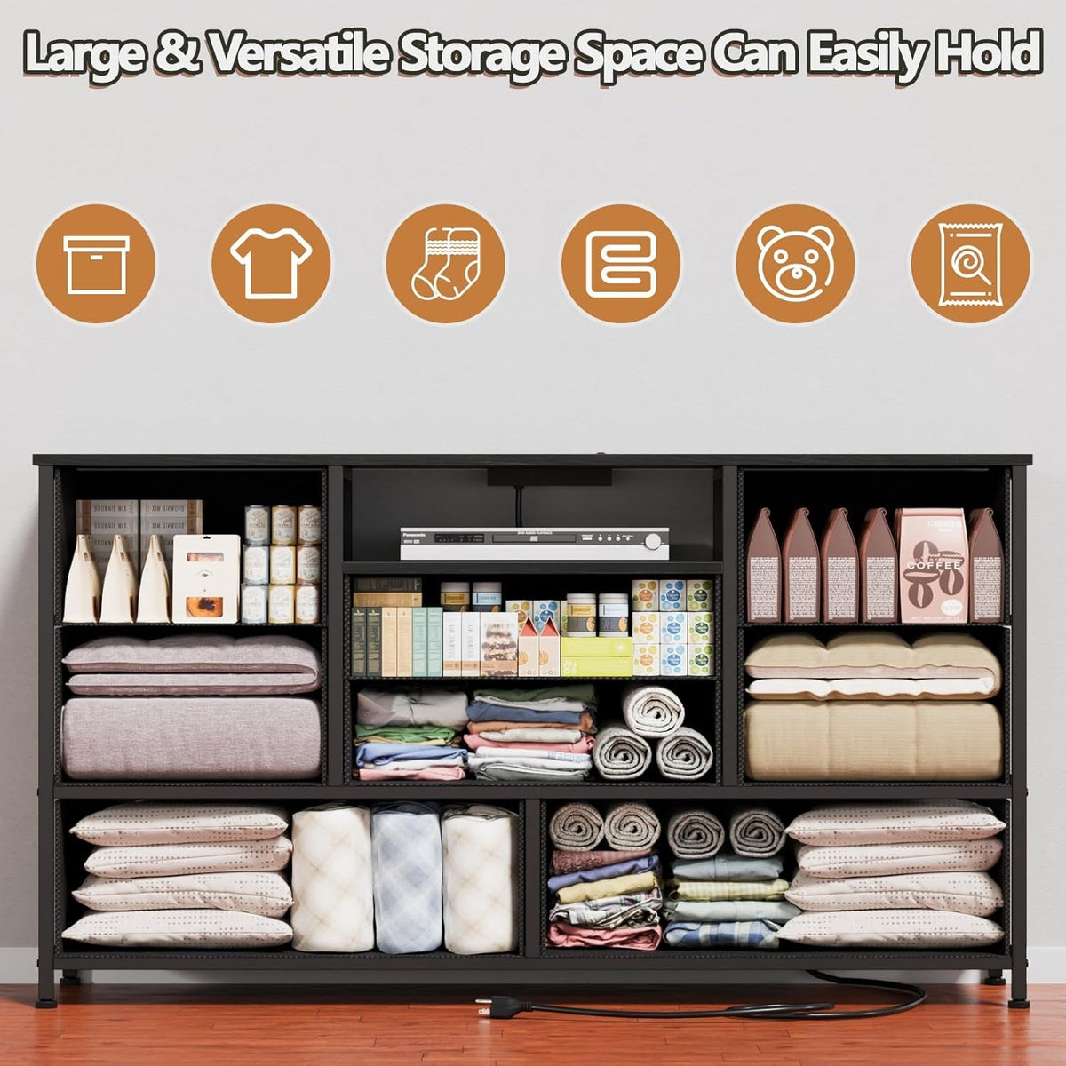 Black Oak TV Dresser With 8 Drawers And Power Outlet
