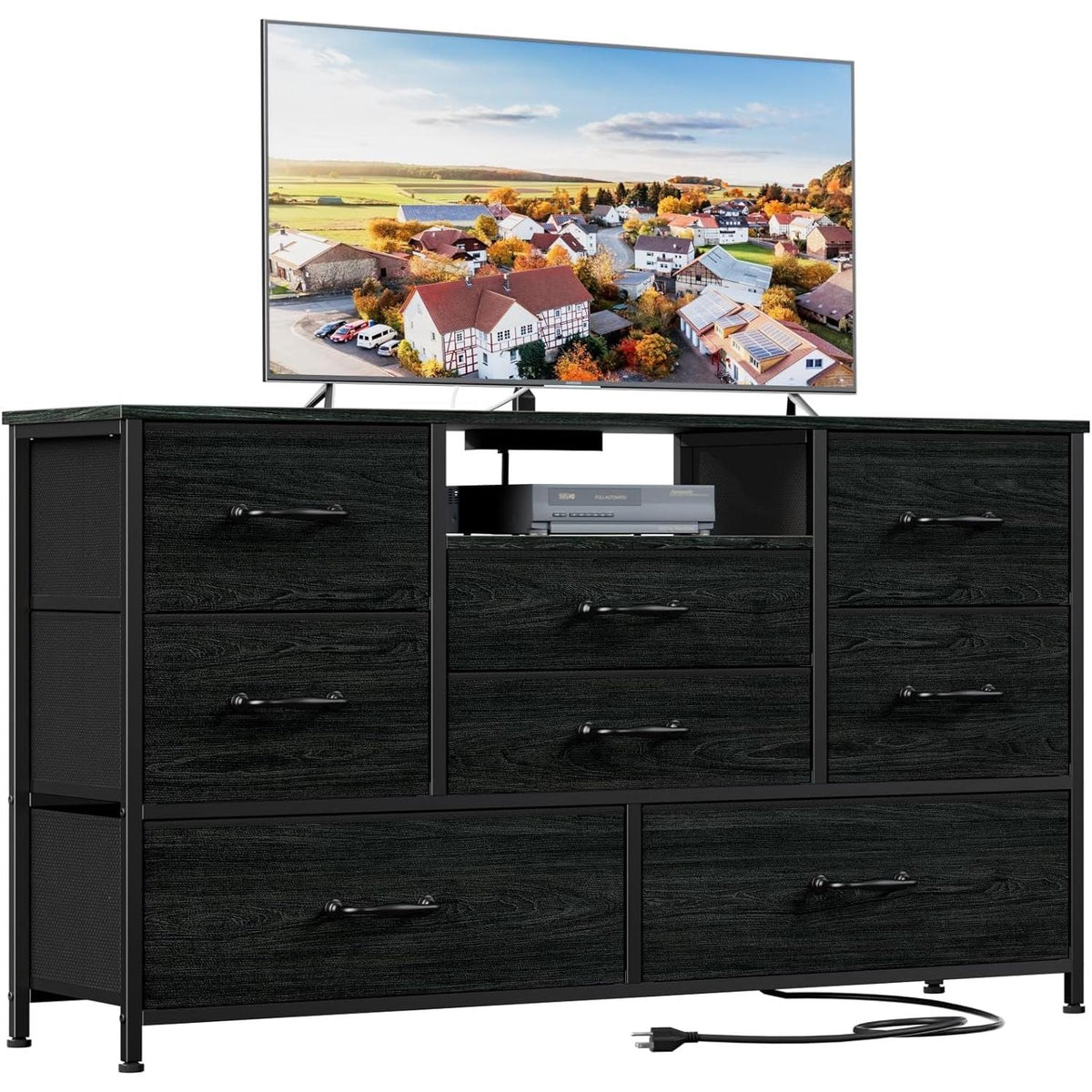 Black Oak TV Dresser With 8 Drawers And Power Outlet