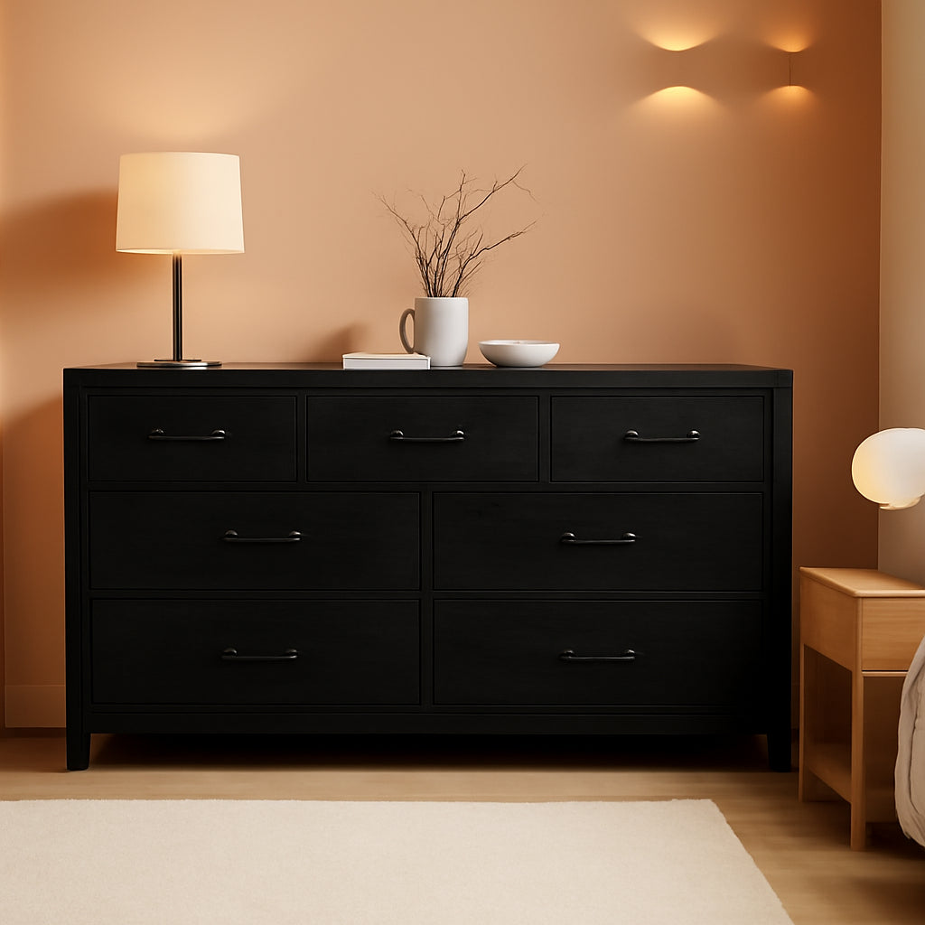 Black Oak TV Dresser With 8 Drawers And Power Outlet