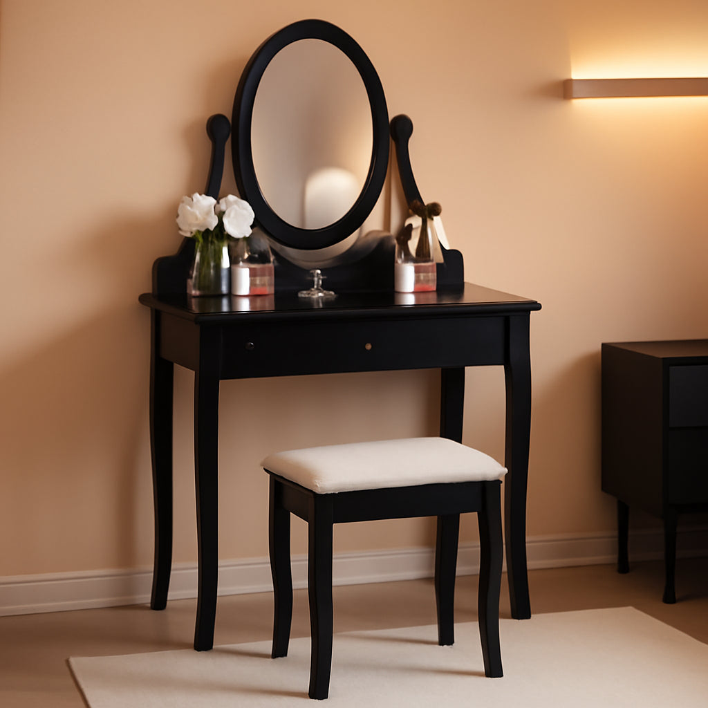 Black Oval Mirror Vanity Set For Bedroom Makeup Table
