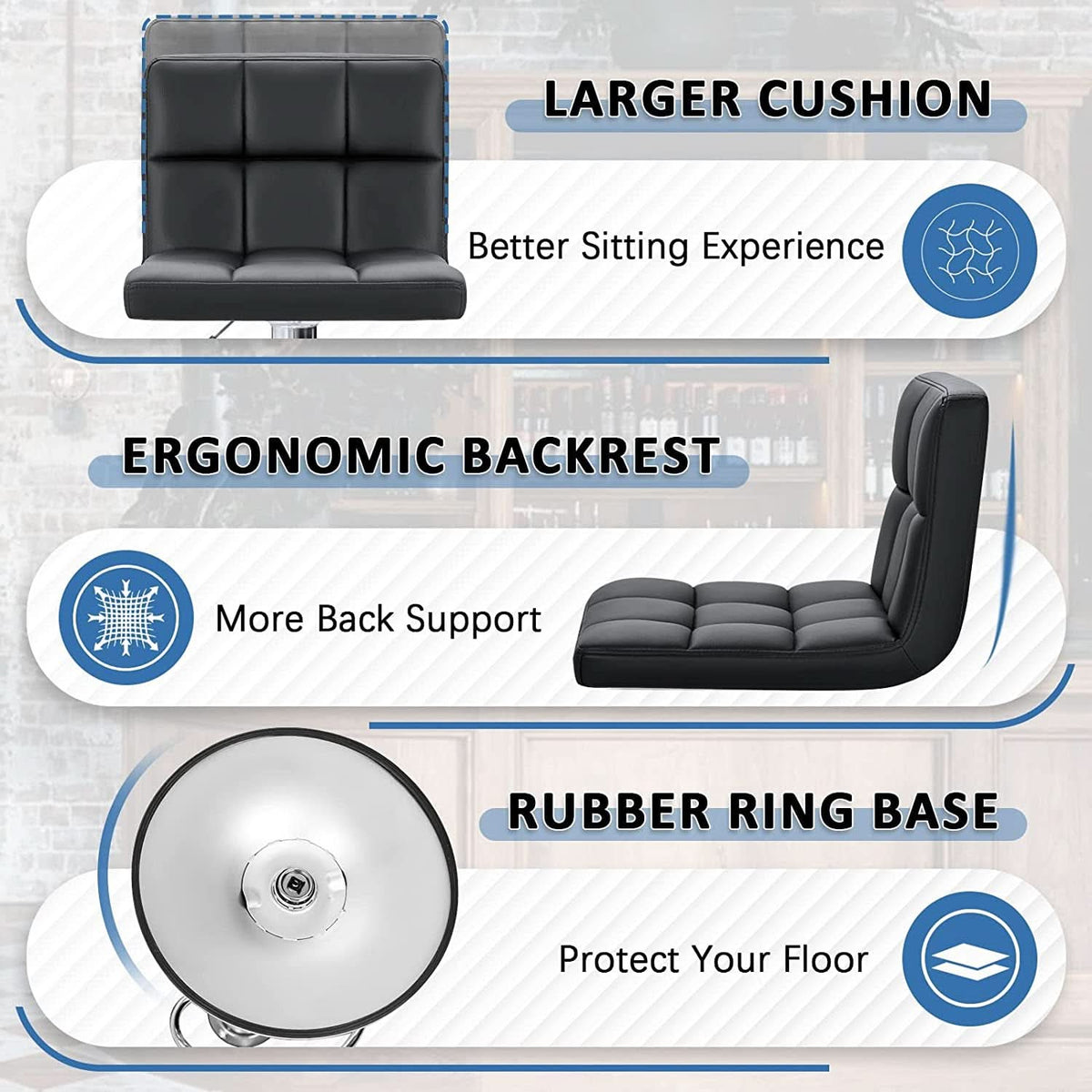 Black PU Leather Adjustable Swivel Bar Stools Set Of 2