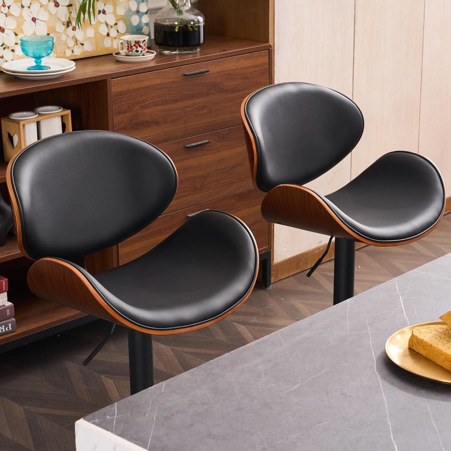 Black PU Leather Bar Stools With Back 21 Inch Wide