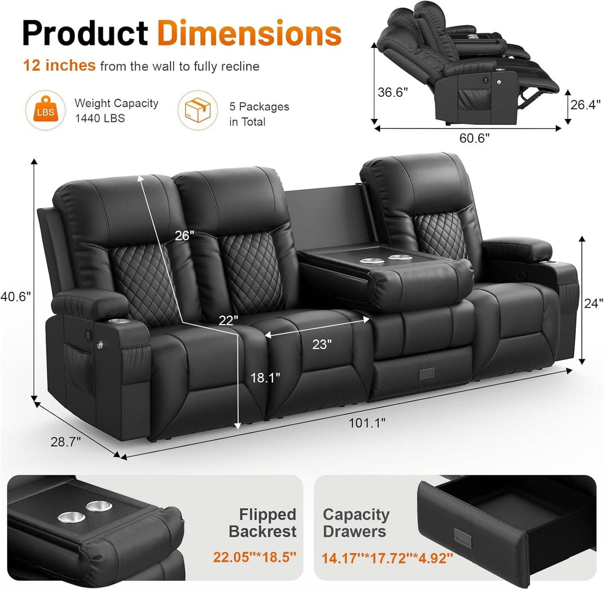 Black PU Leather Four Seater Recliner With USB Ports