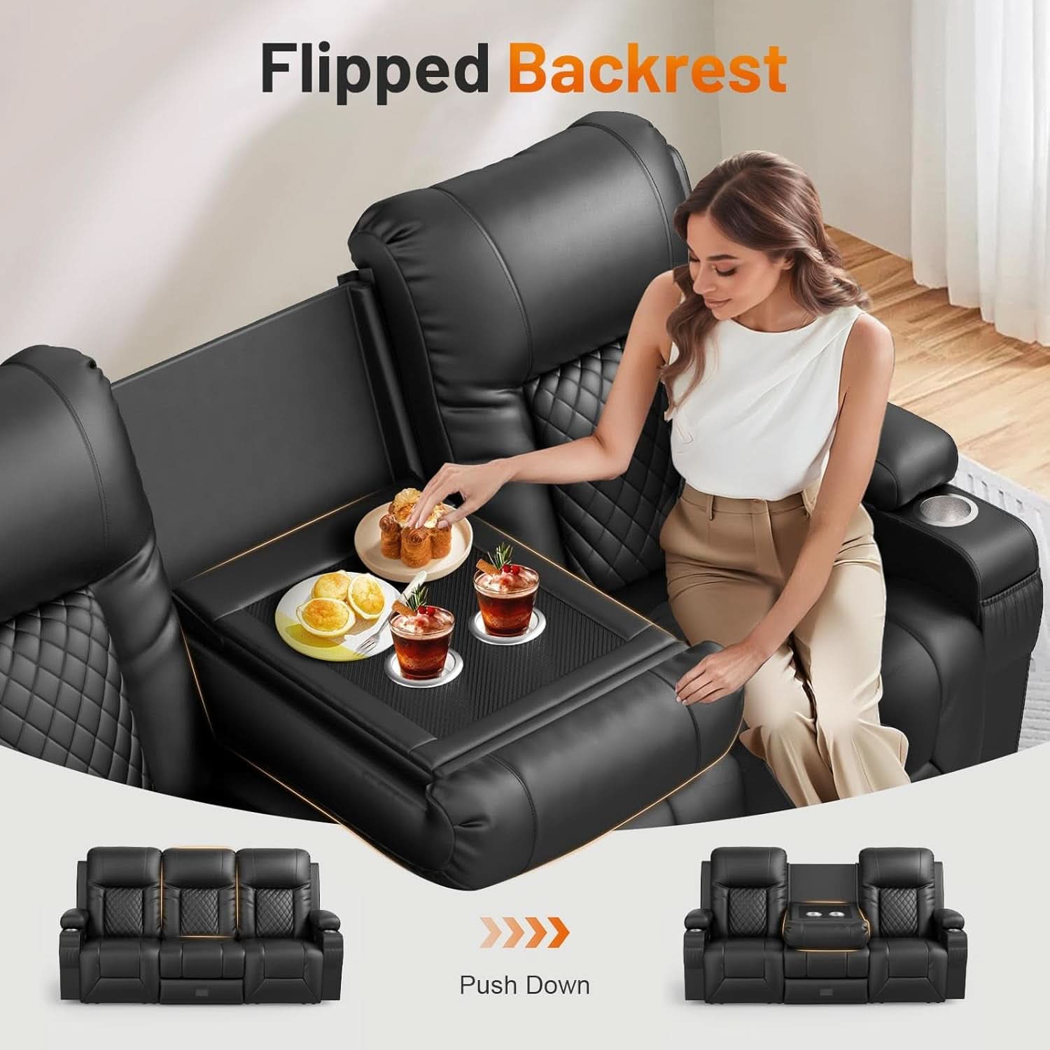 Black PU Leather Four Seater Recliner With USB Ports
