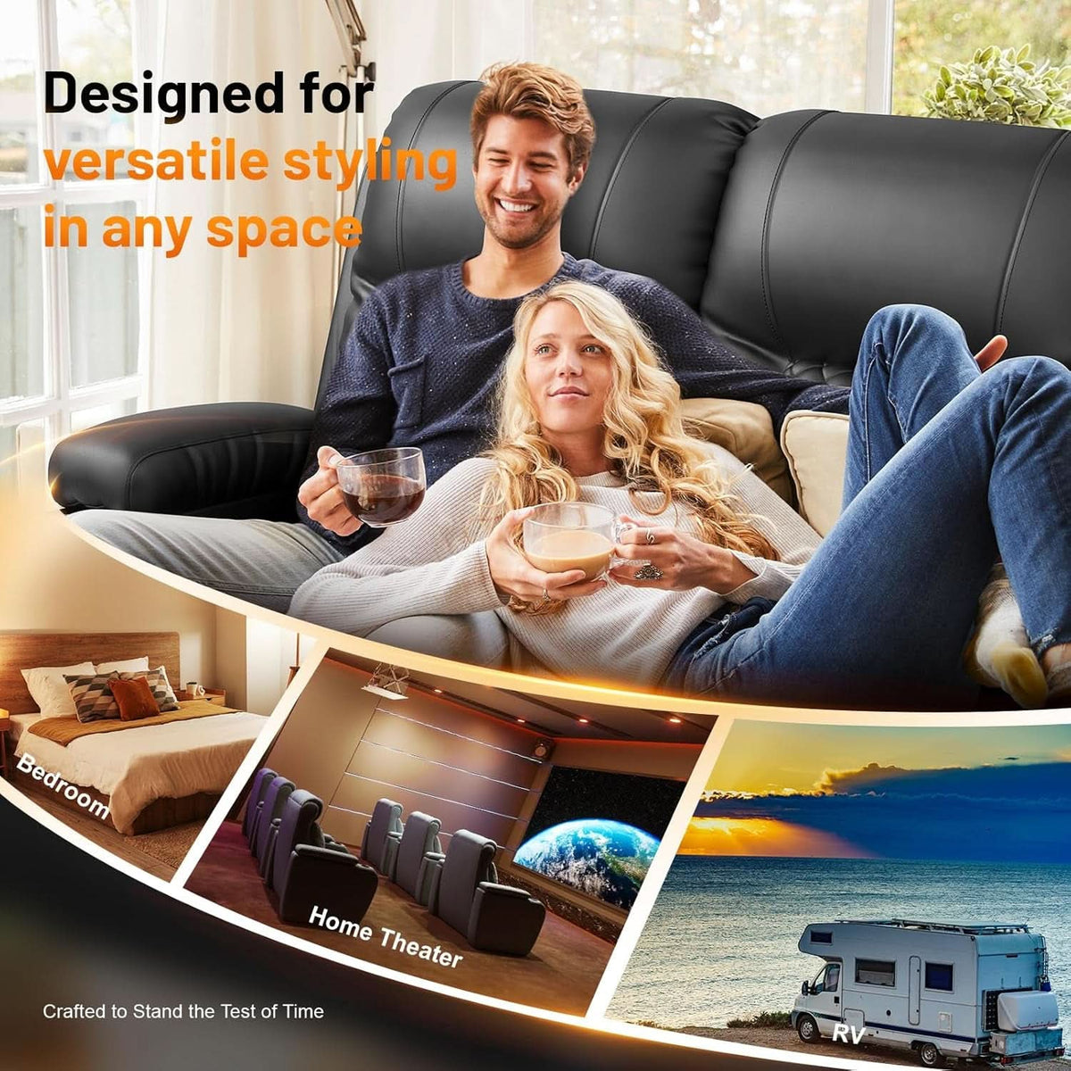 Black PU Leather Four Seater Recliner With USB Ports