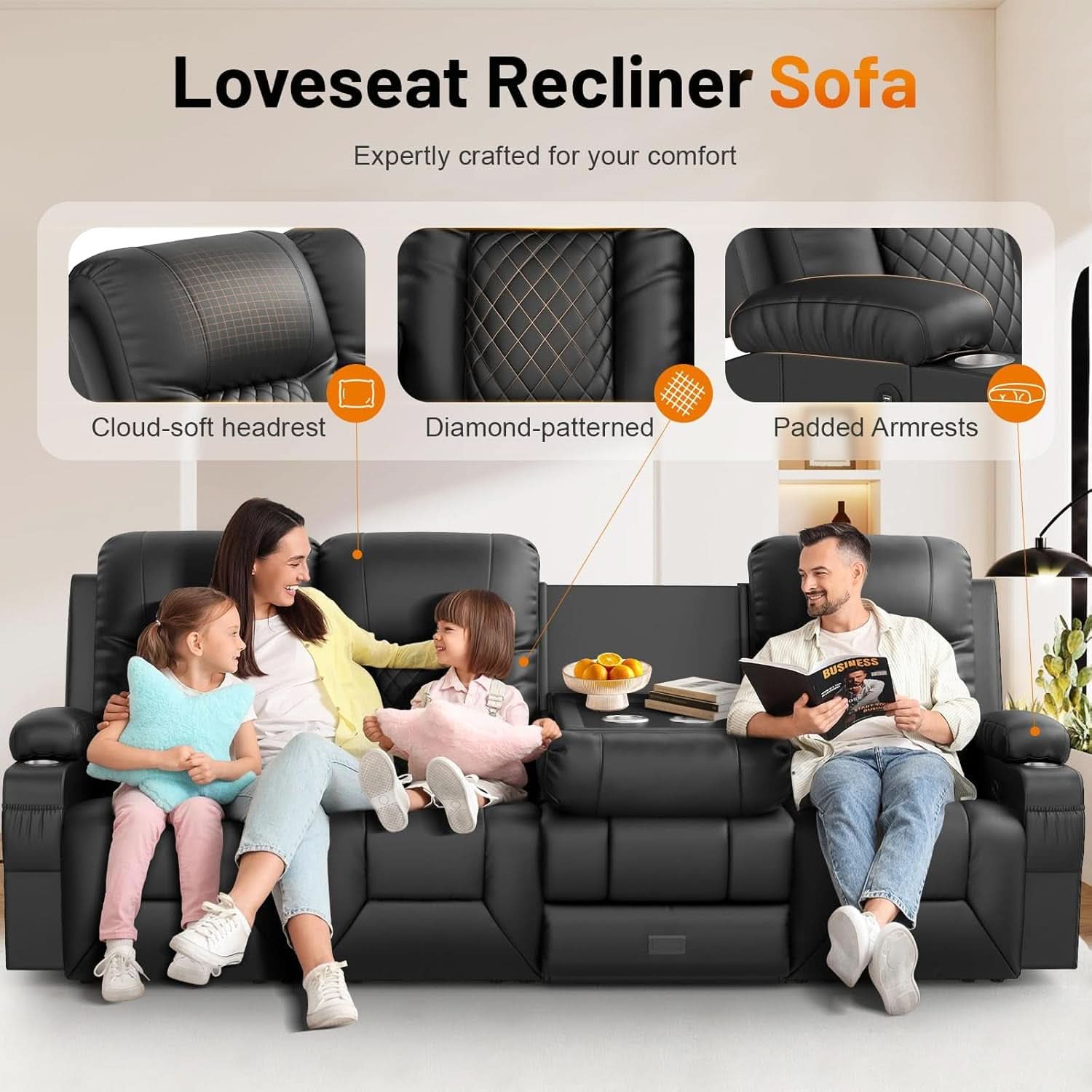 Black PU Leather Four Seater Recliner With USB Ports