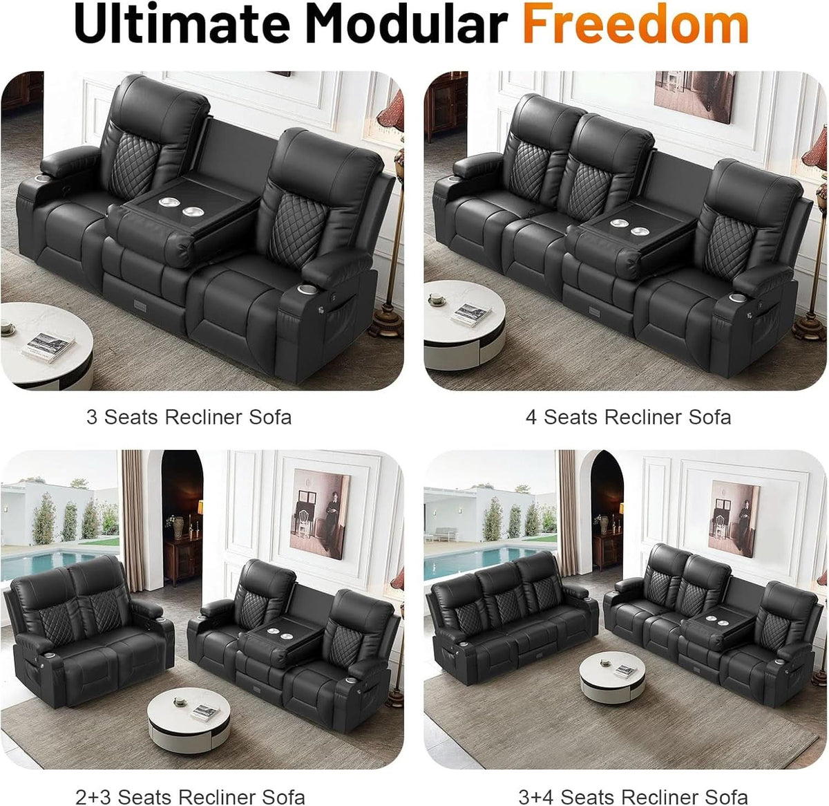 Black PU Leather Four Seater Recliner With USB Ports