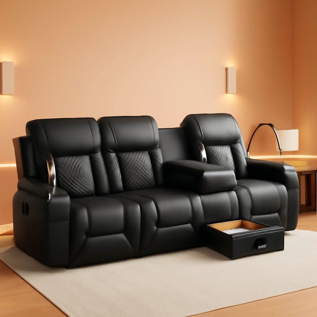 Black PU Leather Four Seater Recliner With USB Ports