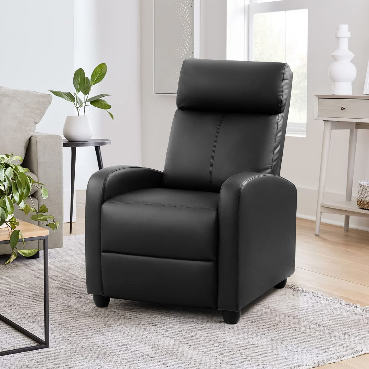 Black PU Leather Recliner Sofa With Thick Cushions