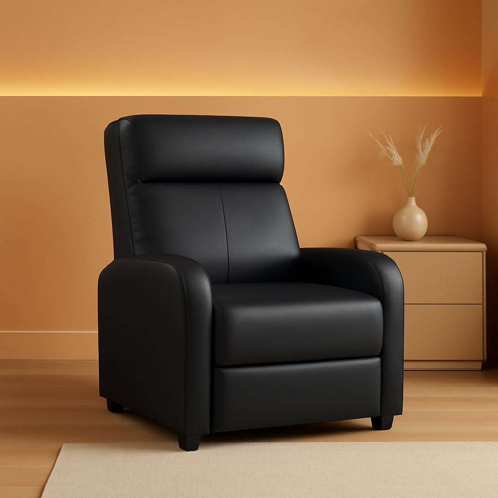 Black PU Leather Recliner Sofa With Thick Cushions