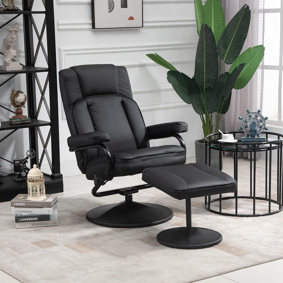 Black PU Leather Swivel Recliner With Ottoman Footrest