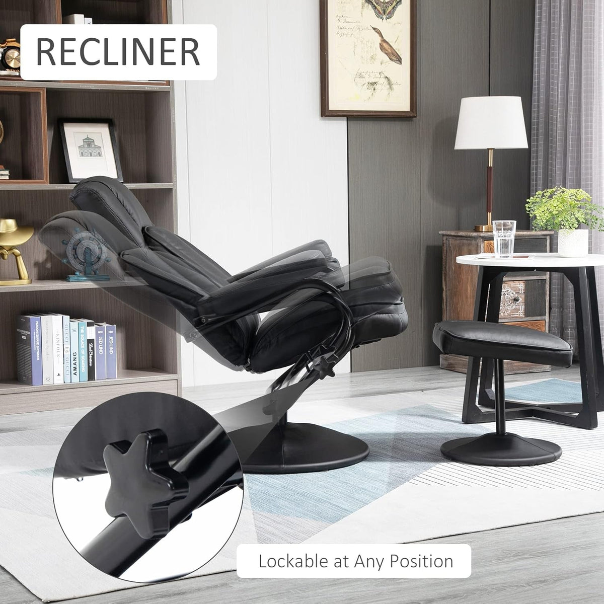 Black PU Leather Swivel Recliner With Ottoman Footrest
