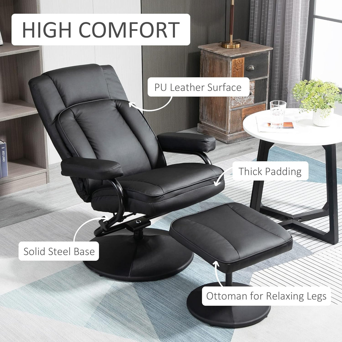 Black PU Leather Swivel Recliner With Ottoman Footrest