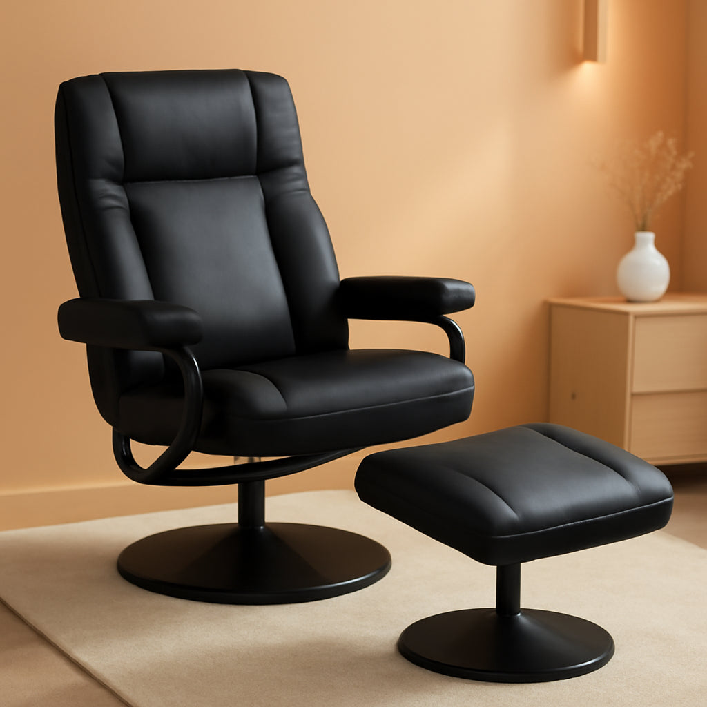 Black PU Leather Swivel Recliner With Ottoman Footrest