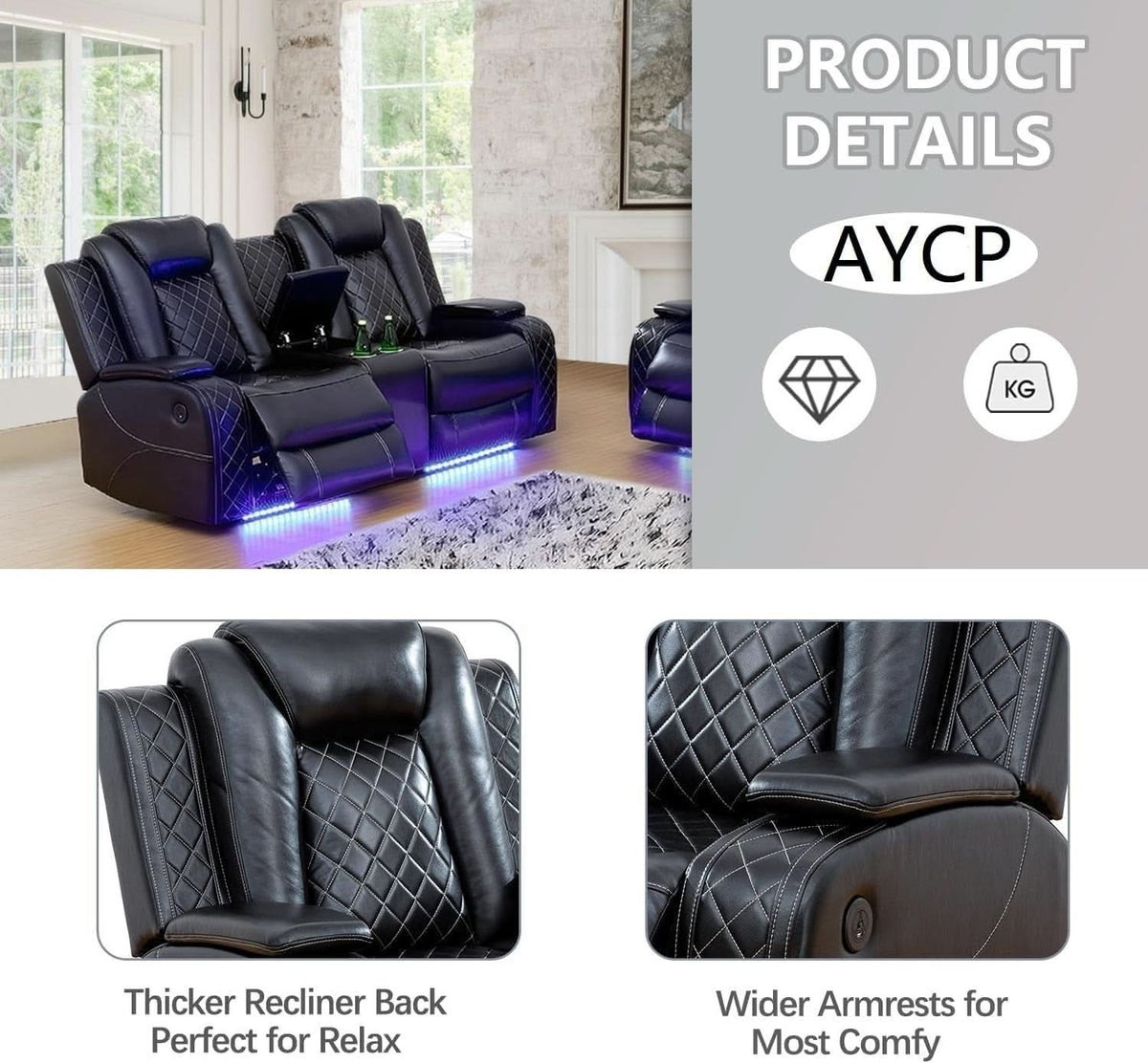 Black Power Air Leather Recliner Sofa Set With LED Lights