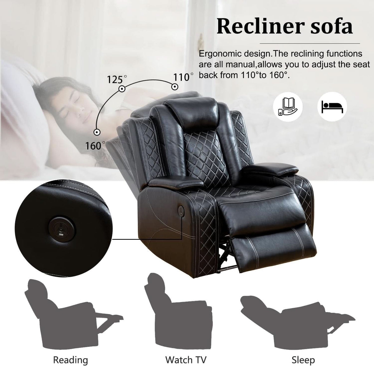 Black Power Air Leather Recliner Sofa Set With LED Lights
