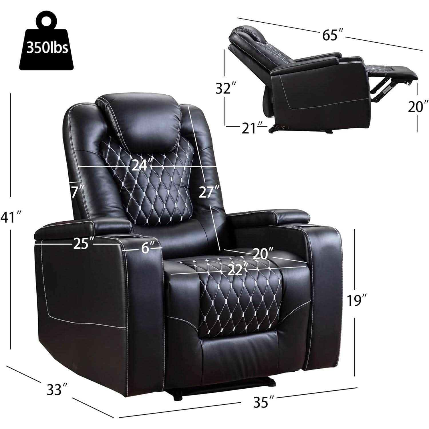 Black Power Recliner With USB Ports And Cup Holders