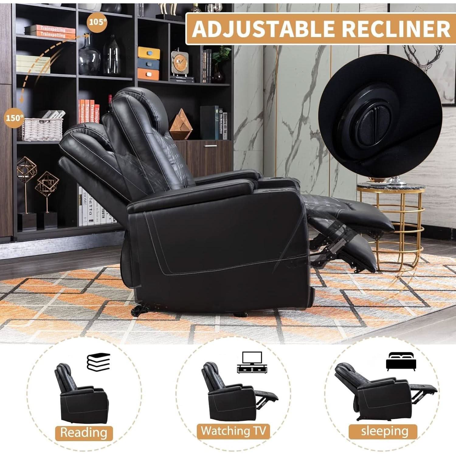 Black Power Recliner With USB Ports And Cup Holders