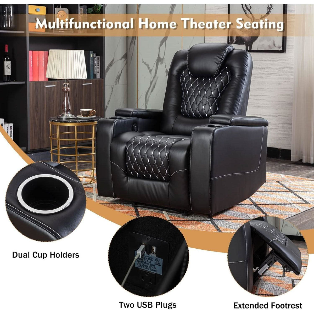 Black Power Recliner With USB Ports And Cup Holders